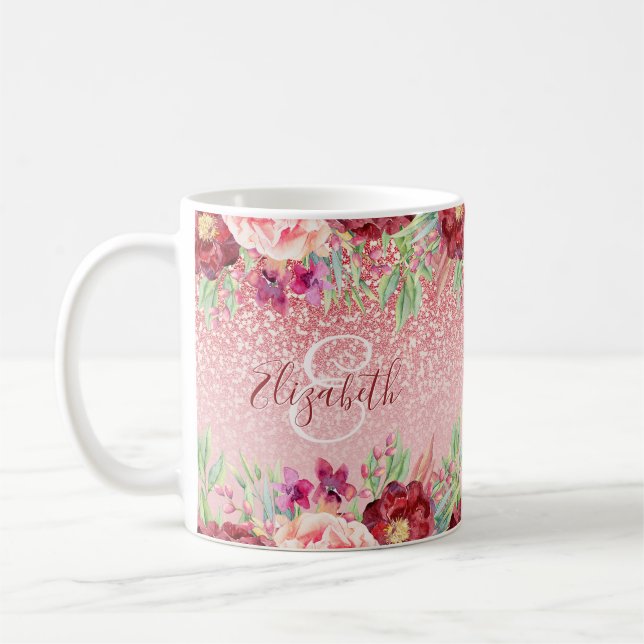 Caneca De Café Burgundy Floral Rosa Dourado Glitter Personalizado (Esquerda)