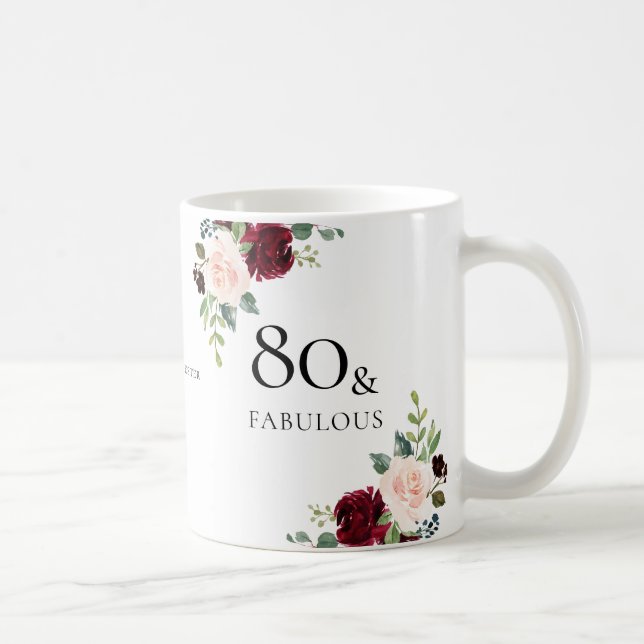 Caneca De Café Burgundy Flowers Blush Mulheres 80 Aniversário Pre (Direita)