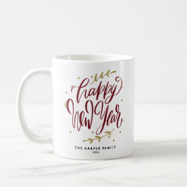 Caneca De Café Burgundy Happy New Year Modern Calligraphy Wreath