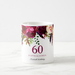 Caneca De Café Burgundy Pink Floral 60º Presente de Aniversário
