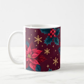 Caneca De Café Burgundy Poinsettia & Gold Snowflake 