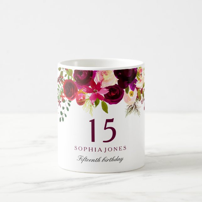 Caneca De Café Burgundy Red Floral Boho 15 Birthday Gift (Centro)