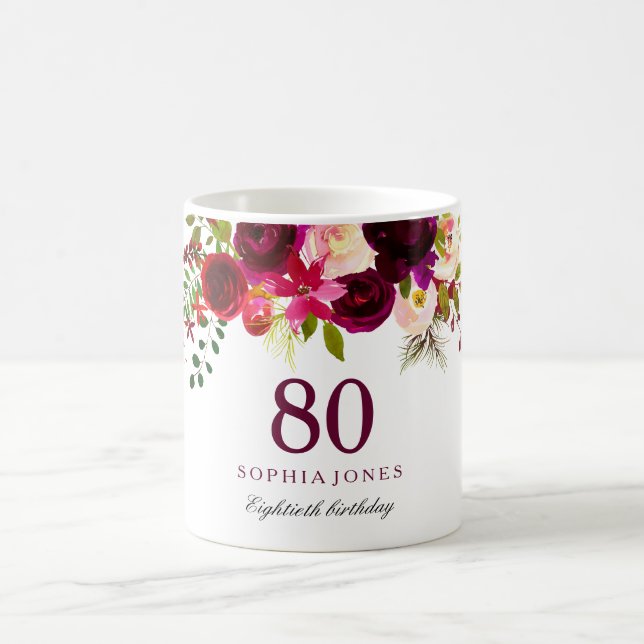 Caneca De Café Burgundy Red Floral Boho 80 Birthday Gift (Centro)