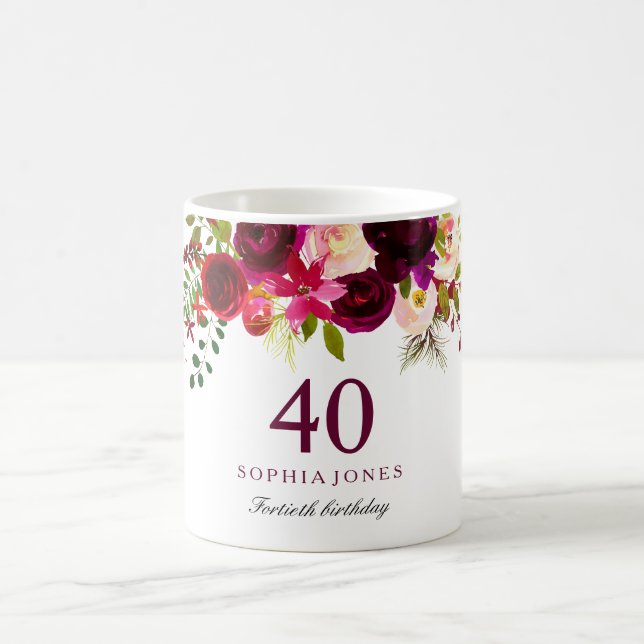 Caneca De Café Burgundy Red Floral Boho aniversário de 40 anos Gi (Centro)