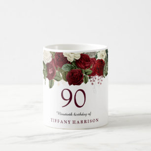 Caneca De Café Burgundy Red White Rose 90 Birthday Favor do Prese