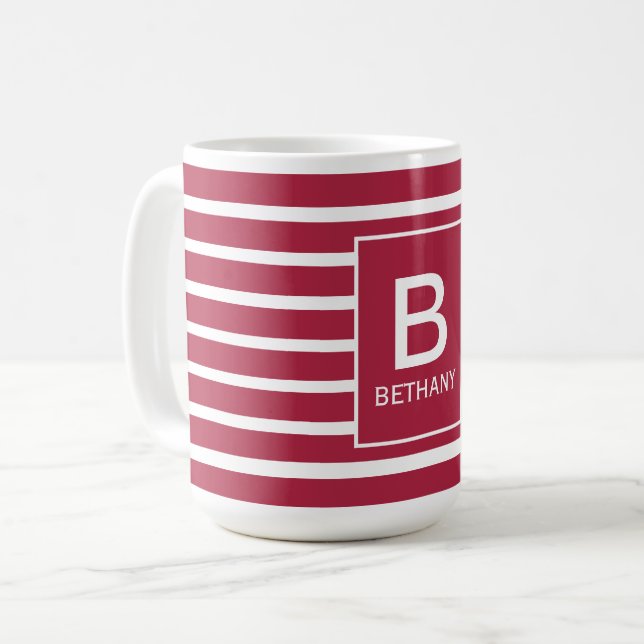 Caneca De Café Burgundy Striped Monogram Personalised (Frente Esquerda)