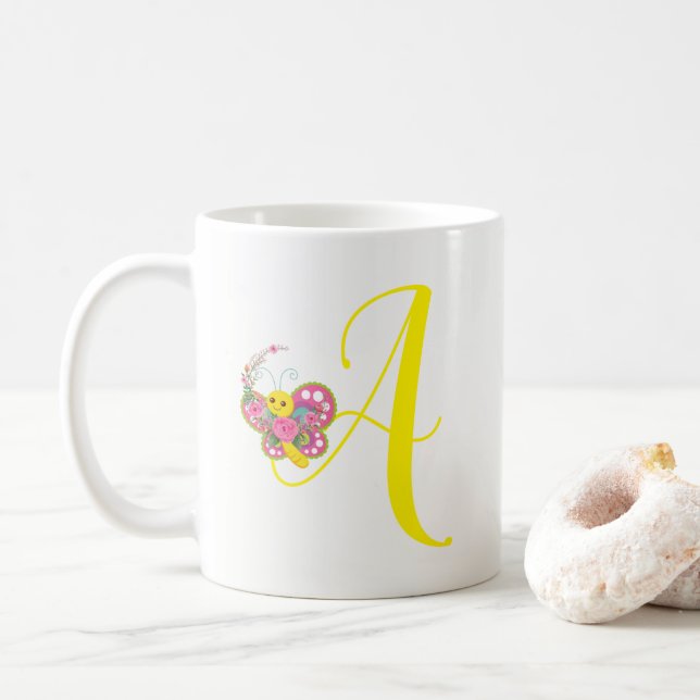 Caneca De Café Butterfly - Letra A Floral Mug (Com Donut)