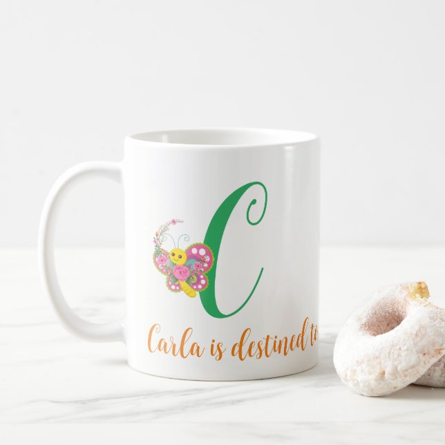 Caneca De Café Butterfly - Letra C Floral Mug (Com Donut)