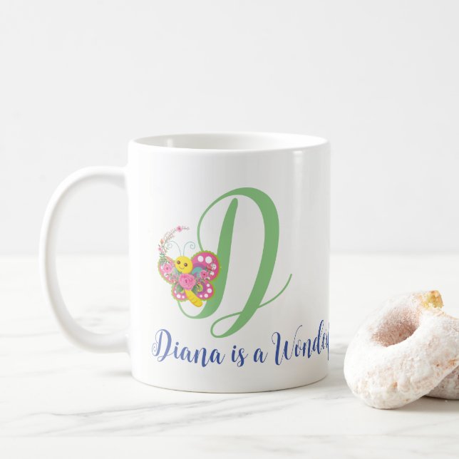 Caneca De Café Butterfly - Letra D Floral Mug (Com Donut)