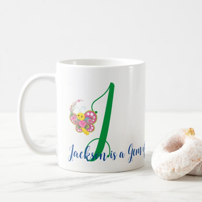 Caneca De Café Butterfly - Letra J Floral Mug (Com Donut)