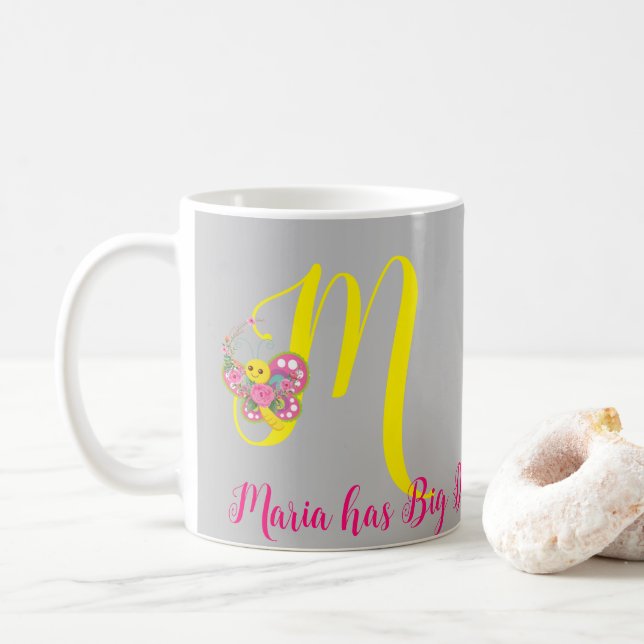 Caneca De Café Butterfly - Letra M Floral Mug (Com Donut)