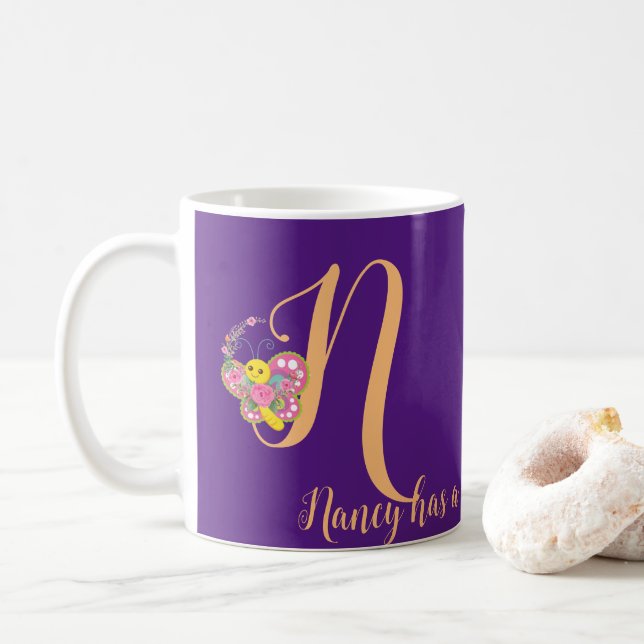 Caneca De Café Butterfly - Letra N Floral Mug (Com Donut)