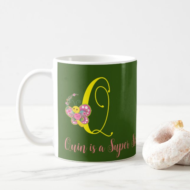 Caneca De Café Butterfly - Letra Q Floral Mug (Com Donut)