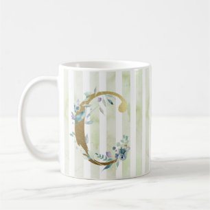 Caneca De Café C inicial dourado em tiras azuis e brancas