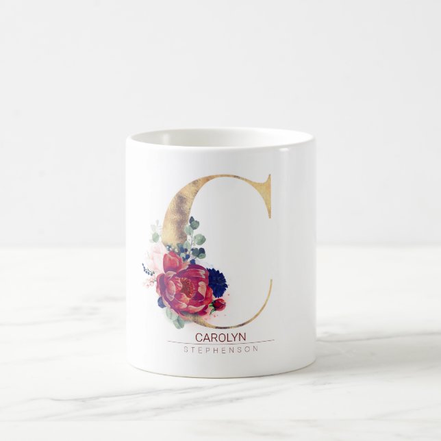 Caneca De Café C Monograma Floral Vermelho e Marinho Azul (Centro)