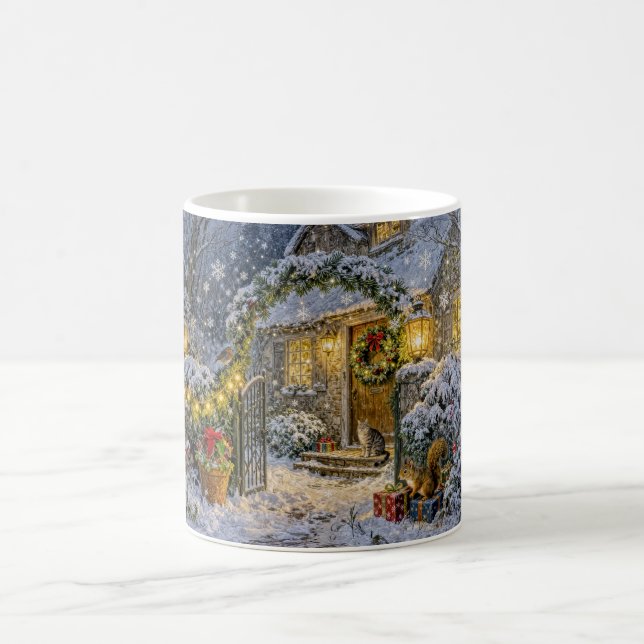 Caneca De Café Cabana de Inverno com Esquilo, Gato e Pintarroxo A (Centro)