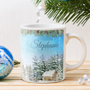 Caneca De Café Cabana de Inverno na Floresta Personalizada de Nat