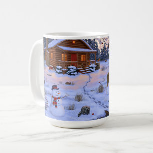 Caneca De Café Cabana de Inverno Veado Na Neve Cena de Natal