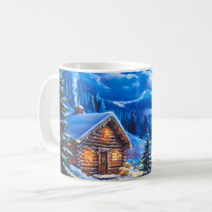 Caneca De Café Cabana de Natal de Inverno Nevado sob a Lua