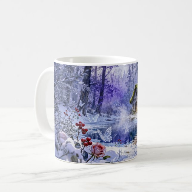 Caneca De Café Cabana Encantada na Floresta Nevada com Ponte e Br (Frente Esquerda)