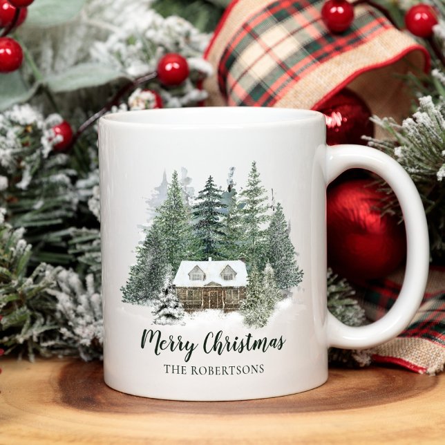 Caneca De Café Cabana Rústica de Natal no Bosque (Criador carregado)