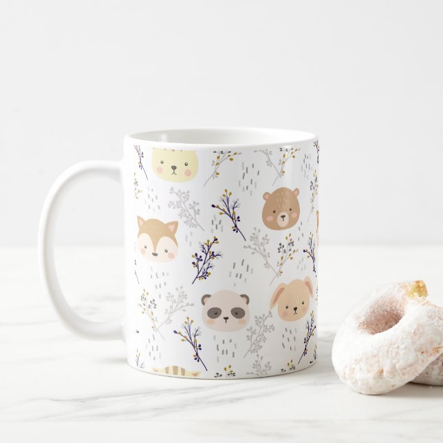 Caneca De Café Cabeça Animal Adorável E Padrão Floral (Com Donut)
