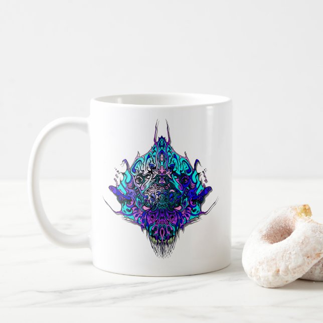 Caneca De Café Cabeça de alienígena - azul e roxo (Com Donut)