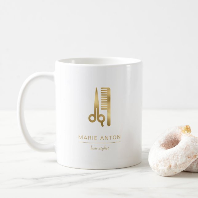 Caneca De Café Cabeleireiro Chic Tesoura Pente Dourado (Com Donut)
