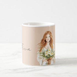Caneca De Café Cabelo Vermelho Feminino Flores de Margarida Perso