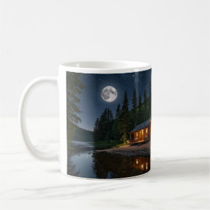 Caneca De Café Cabina no bosque à noite