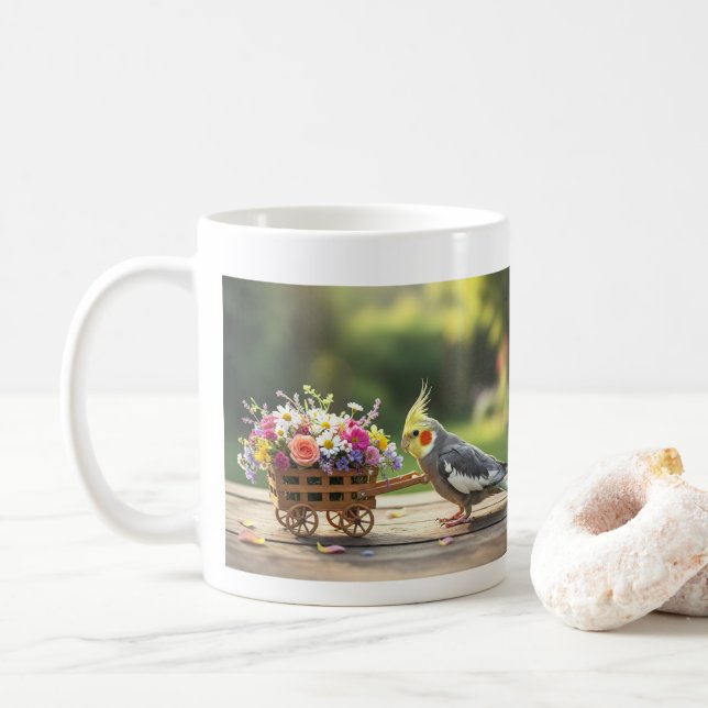Caneca De Café Cacatua com Carrinho de Flores Amante de Pássaros  (Com Donut)