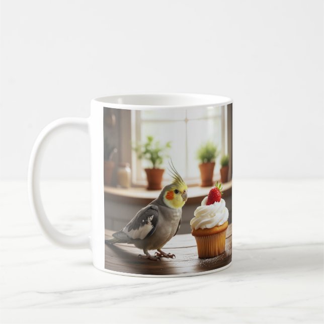Caneca De Café Cacatua com um Cupcake de Morango Amante de Pássar (Esquerda)