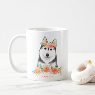 Caneca De Café Cachorra Aquosa Siberian Husky Peach Floral