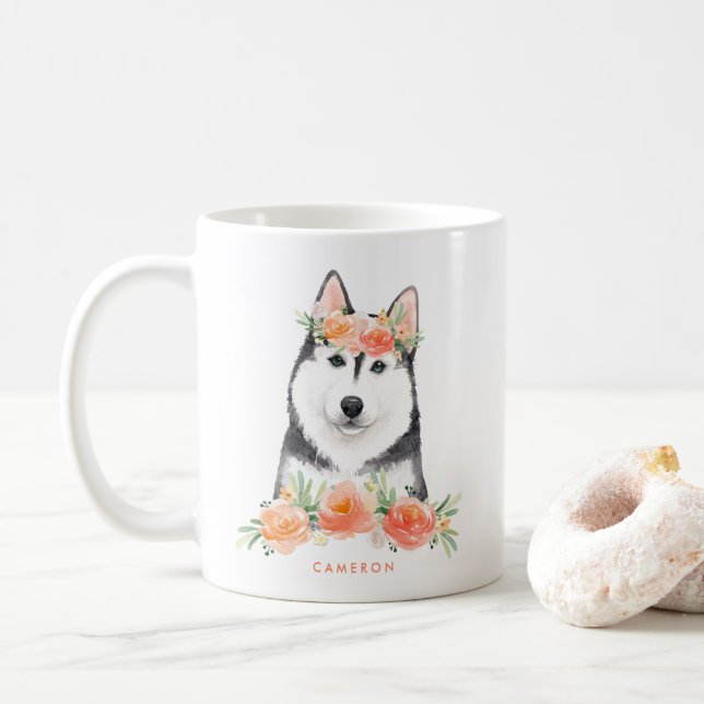 Caneca De Café Cachorra Aquosa Siberian Husky Peach Floral (Com Donut)
