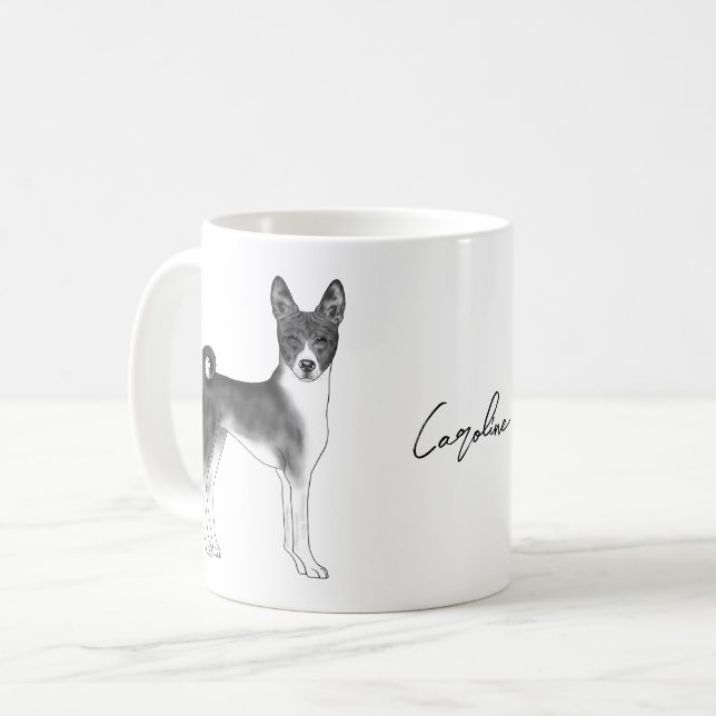 Caneca De Café Cachorro Basenji Fofo em Preto e Branco & Texto Pe (Frente Esquerda)