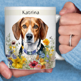 Caneca De Café Cachorro Beagle Campo de Flores Seu Nome