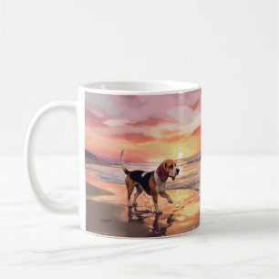 Caneca De Café Cachorro Beagle Sandy Paws no pôr do sol da praia