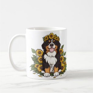 Caneca De Café Cachorro Bernês Fofo Vestindo Coroa de Girassóis