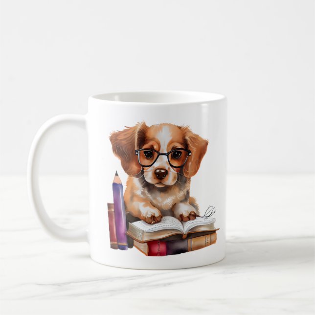 Caneca De Café Cachorro Bonito em Livros com Óculos (Esquerda)