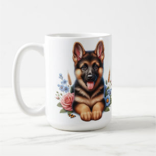 Caneca De Café Cachorro brincalhão da raça Pastor Alemão com Flor