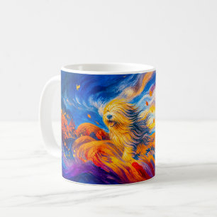 Caneca De Café Cachorro com pelo soprando em colina de outono