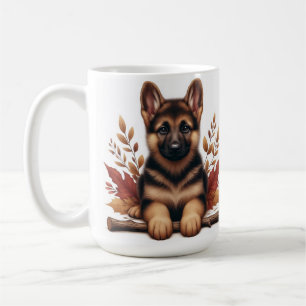 Caneca De Café Cachorro da raça Pastor Alemão Posado Com Folhas