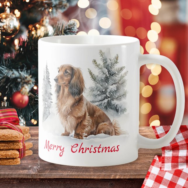 Caneca De Café Cachorro Dachshund de Cabelo Longo na Neve Feliz N (A festive coffee mug with picture of a long haired dachshund in snow, with Merry Christmas greeting)
