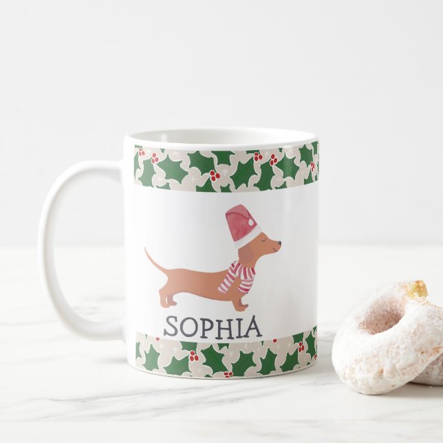 Caneca De Café Cachorro Dachshund Natal (Com Donut)