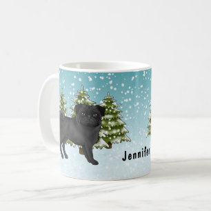 Caneca De Café Cachorro de Desenho Animado Fofo Pug Preto Florest