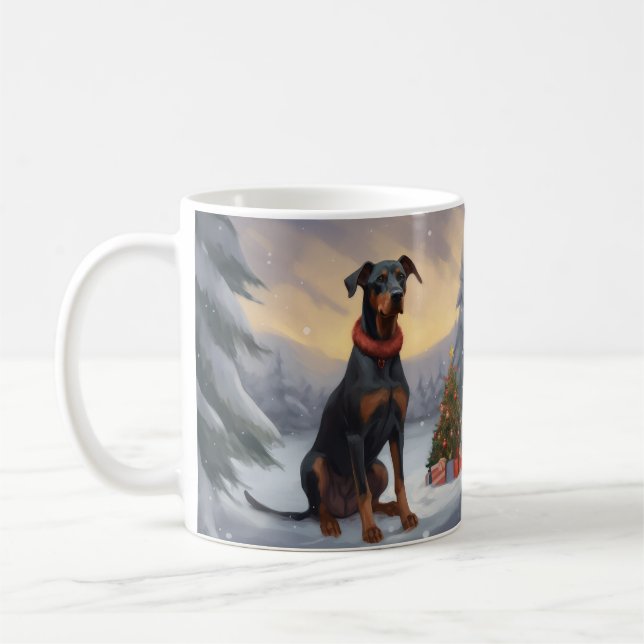Caneca De Café Cachorro Doberman na Neve Natal  (Esquerda)