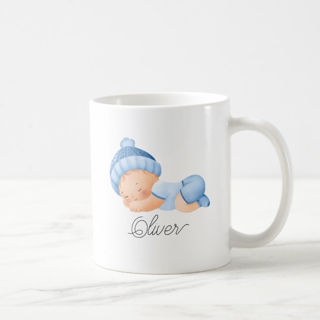 Caneca De Café Cachorro Dormindo Menino Azul Nome Personalizado (Direita)