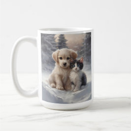 Caneca De Café Cachorro e Kitten na neve