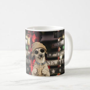 Caneca De Café Cachorro engraçado de Natal bebendo chá de bolhas