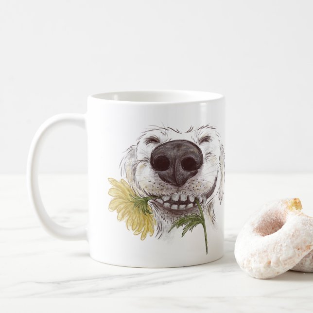 Caneca De Café Cachorro feliz ​ ​ com um crisântemo amarelo em su (Com Donut)